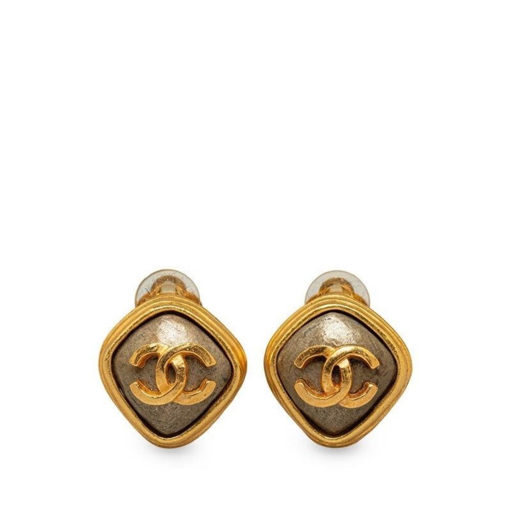 Chanel CC Logo Stone Plated Earrings Gold